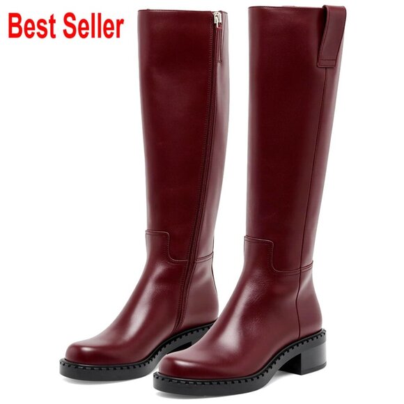Shoes - Faux Leather Knee High Boots Low Chunky Heel Round Toe Side Zipper